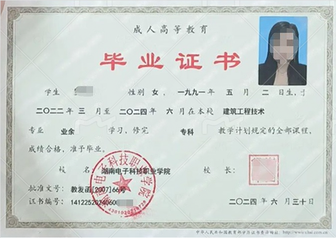 长沙湖南电子科技职业学院毕业证样本图片