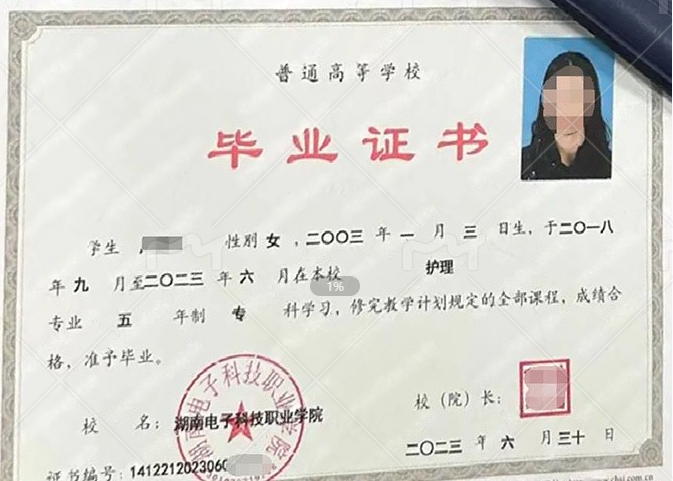 湖南电子科技职业学院2023年普通全日制专科毕业证书样本图片(护理) 湖南电子科技职业学院2023年普通全日制专科毕业证书样本图片(护理)