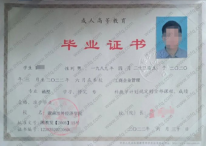 湖南涉外经济学院2022年函授专科毕业证书样本图片（工商企业管理）