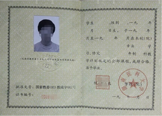 湖南医科大学1997年函授本科毕业证书样本图片（手写）