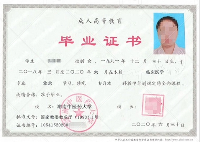 湖南中医药大学2020年业余专升本科毕业证书样本图片（临床医学）